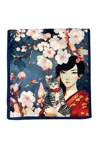 Japanese Lady & Cat Blossom Print Silk Cover Up