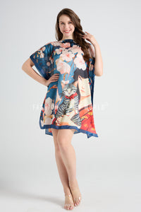 Japanese Lady & Cat Blossom Print Silk Cover Up