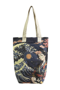 Japanese Great Wave and Lady Art Print Cotton Tote Bag (Pack Of 3)
