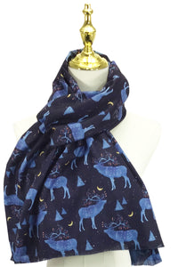 Decorative Reindeer & Night Sky Print Wool Scarf