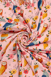 Owl & Floral Wool Tassel Scarf