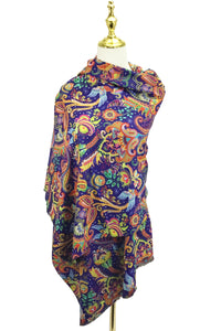 Detailed Paisley & Bird Print Wool Scarf