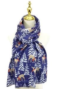 Reindeer & Christmas Tree Print Wool Scarf