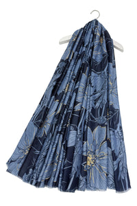 Gold Foiled Botanical Flower Print Frayed Scarf