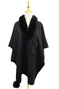 Faux Fur Trim Pull Through Wool Cape