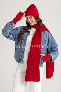 Fluffy Knitted Scarf, Hat & Fingerless Glove Set