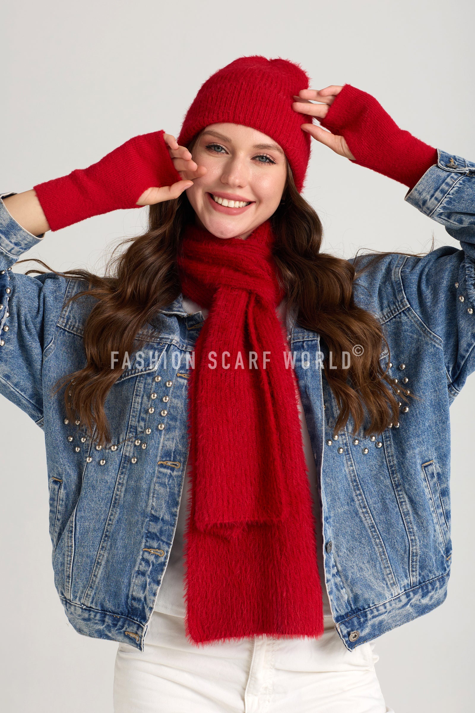 Fluffy Knitted Scarf, Hat Fingerless Glove Set– Fashion Scarf World