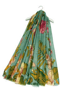 Bold Camellia Flower Print Frayed Scarf