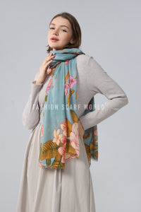 Bold Camellia Flower Print Frayed Scarf