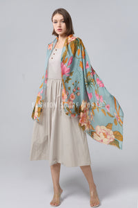 Bold Camellia Flower Print Frayed Scarf