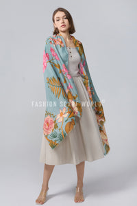 Bold Camellia Flower Print Frayed Scarf