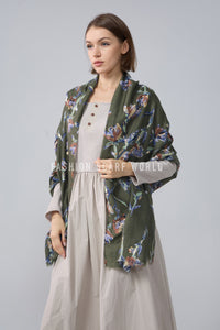 Stemmed Flower & Gold Foiled Frayed Scarf
