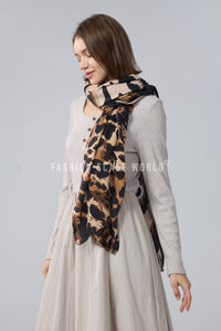 Animal Print Frayed Wool Scarf