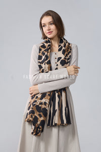 Animal Print Frayed Wool Scarf