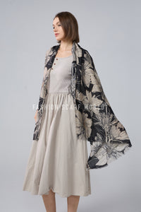Gold Foiled Botanical Flower Print Frayed Scarf