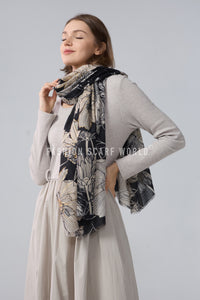 Gold Foiled Botanical Flower Print Frayed Scarf