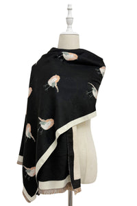 Robin Bird Print Wool Frayed Scarf