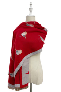 Robin Bird Print Wool Frayed Scarf