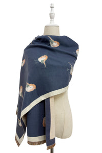 Robin Bird Print Wool Frayed Scarf