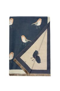 Robin Bird Print Wool Frayed Scarf