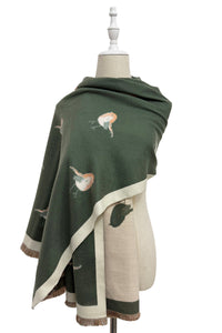 Robin Bird Print Wool Frayed Scarf