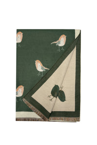 Robin Bird Print Wool Frayed Scarf