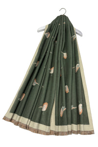 Robin Bird Print Wool Frayed Scarf