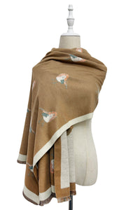 Robin Bird Print Wool Frayed Scarf