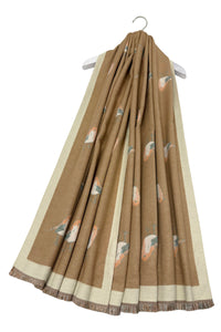Robin Bird Print Wool Frayed Scarf