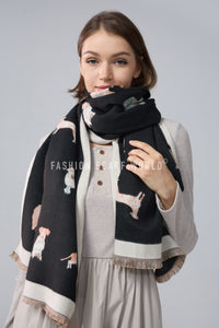 Mixed Dog Print Wool Frayed Scarf