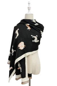 Mixed Dog Print Wool Frayed Scarf