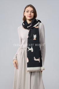Mixed Dog Print Wool Frayed Scarf