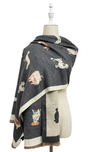 Mixed Dog Print Wool Frayed Scarf