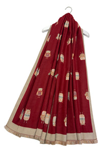 Owl Print Wool Frayed Scarf
