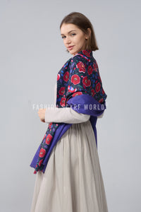 Colourful Bird & Floral Print Wool Frayed Scarf