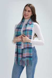Multi Check Print 100% Wool Tassel Scarf