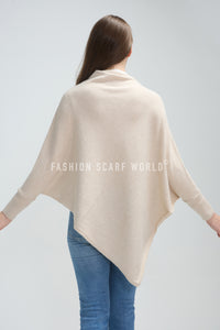 Plain Cuffed Diagonal Drape Wool Poncho