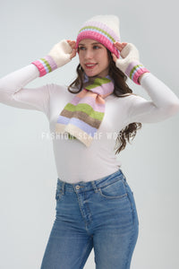 Rainbow Stripe Wool Hat, Scarf & Fingerless Glove Set