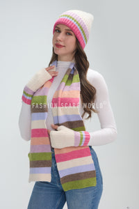 Rainbow Stripe Wool Hat, Scarf & Fingerless Glove Set
