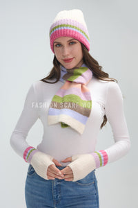 Rainbow Stripe Wool Hat, Scarf & Fingerless Glove Set