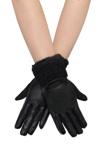 Faux Leather & Shearling Trim Gloves