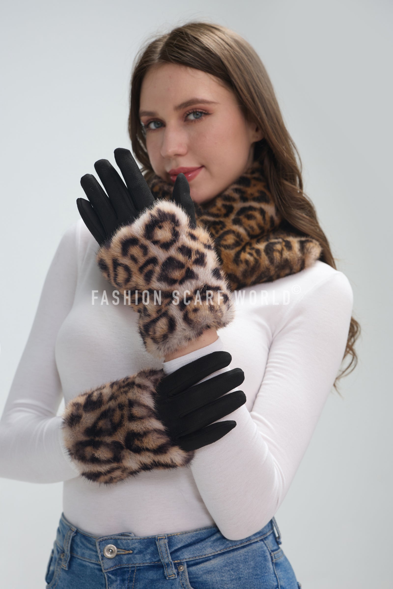fluffy handschuh Luxe Faux Fur & Suede Leopard Print Gloves– Fashion Scarf World