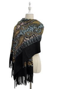 Intricate Paisley Panel Embroidered Wool Tassel Scarf