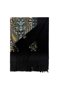 Intricate Paisley Panel Embroidered Wool Tassel Scarf