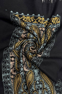 Intricate Paisley Panel Embroidered Wool Tassel Scarf