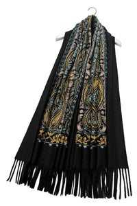 Intricate Paisley Panel Embroidered Wool Tassel Scarf