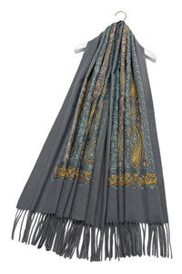 Intricate Paisley Panel Embroidered Wool Tassel Scarf