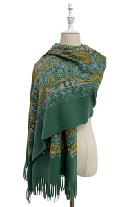 Intricate Paisley Panel Embroidered Wool Tassel Scarf