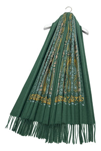 Intricate Paisley Panel Embroidered Wool Tassel Scarf