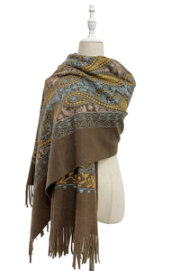 Intricate Paisley Panel Embroidered Wool Tassel Scarf